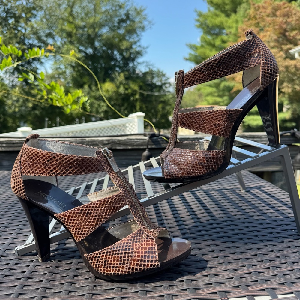 Michael Kors Snakeskin Leather/ Textile outsole/ 4" Heels/ Zipper Up Sandal - Picture 2 of 11